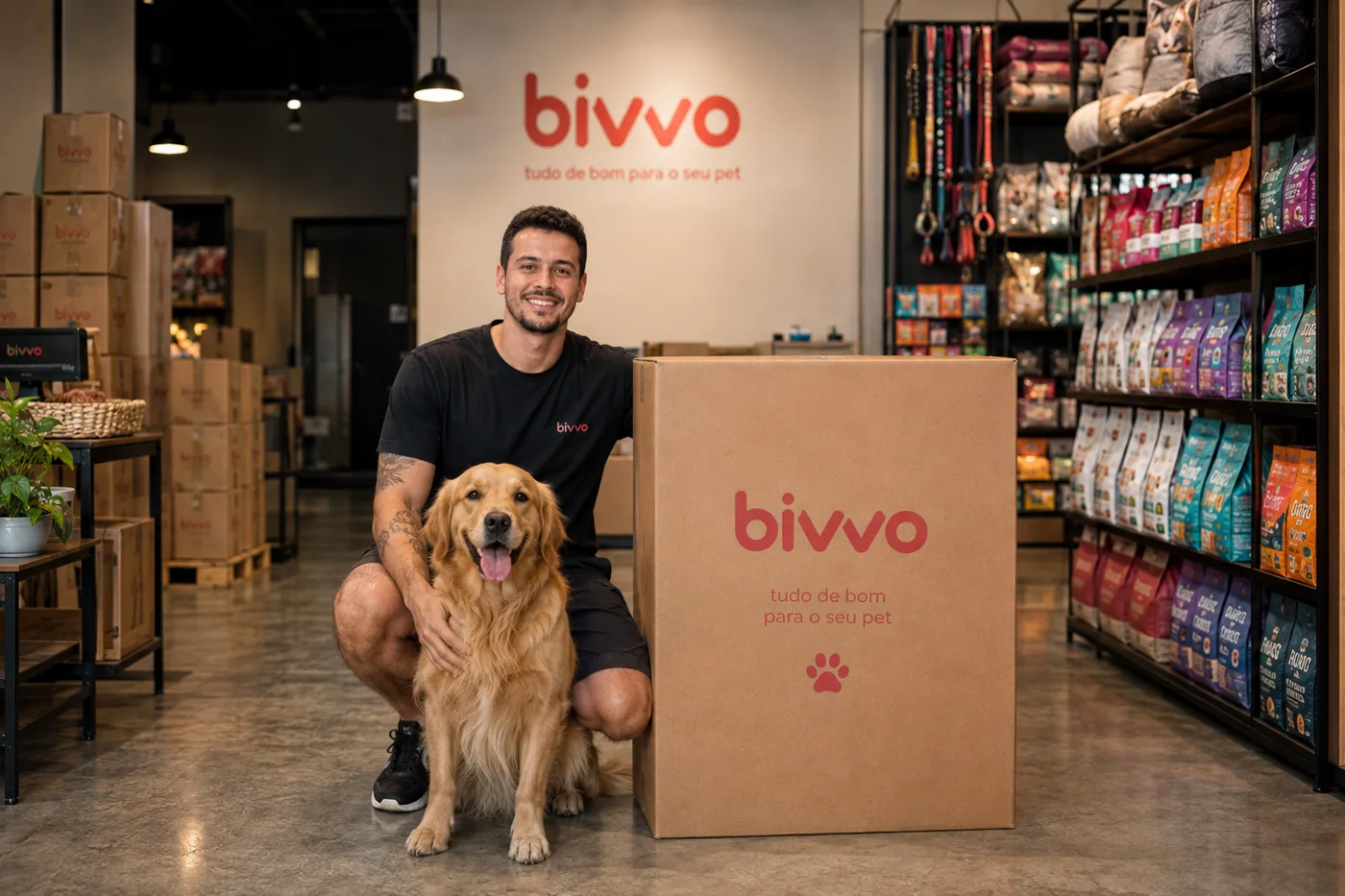 Loja da Bivvo Pet: prateleiras abastecidas, caixa de envio da marca e o fundador com seu golden retriever