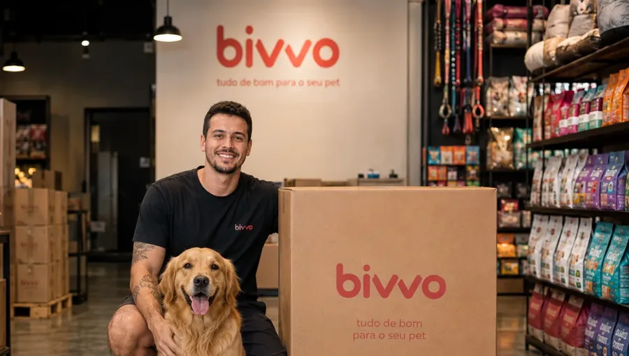 Loja da Bivvo Pet: a marca na parede, o dono com o cão e a caixa que sai daqui