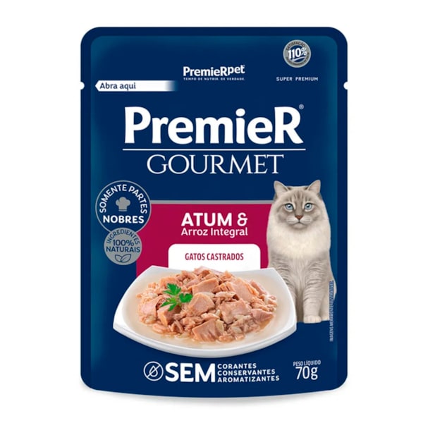 Ração Úmida Premier Gourmet Gatos Castrados Atum e Arroz Integral 70g