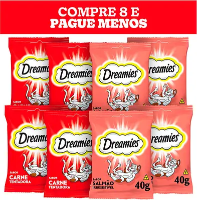 Kit Petisco Dreamies para Gatos Adultos 4 Carne e 4 Salmão - 8 Unidades