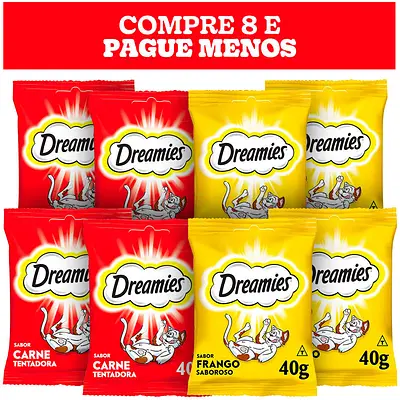 Kit Petisco Dreamies para Gatos Adultos 4 Carne e 4 Frango - 8 Unidades