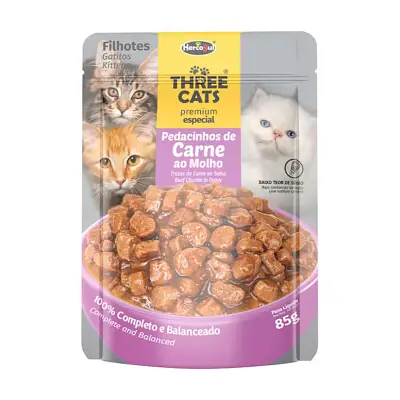 Ração Úmida Three Cats Original Filhotes Carne Sachê 85g