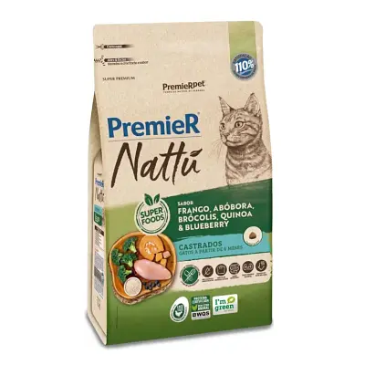 Ração Premier Nattu Gatos Castrados Frango, Abóbora, Brócolis, Quinoa e Blueberry 7,5kg