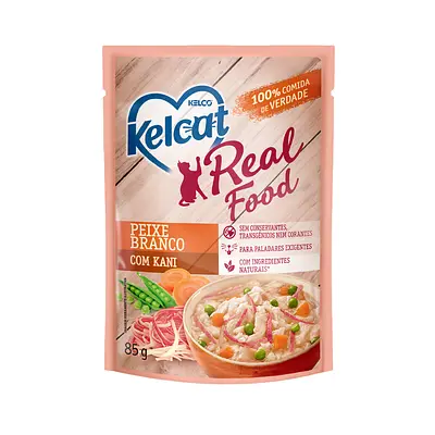 Ração Úmida Kelcat Real Food para Gatos com Paladares Exigentes Sabor Peixe Branco com Kani 85g