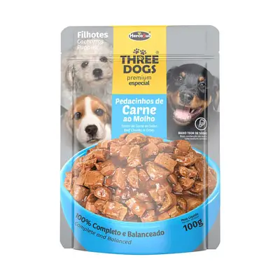 Ração Úmida Three Dogs Original Filhotes Carne Sachê 100g