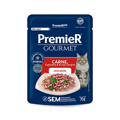 Ração Úmida Premier Gourmet para Gatos Adultos Sabor Carne, Espinafre e Arroz Integral 70 g