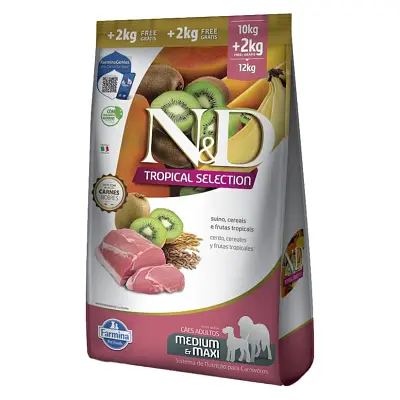 Ração ND Tropical Selection Para Cães adultos Medium e Maxi Suino Leve 12kg e Pague 10kg