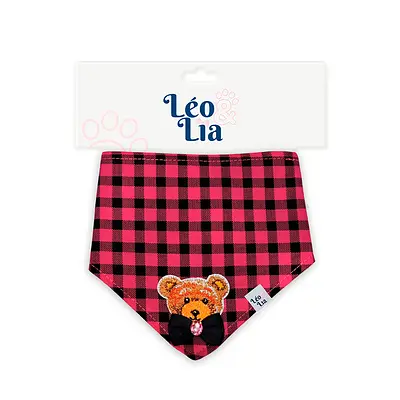 Bandana Leo e Lia Bordado Xadrez Rosa para Cães e Gatos