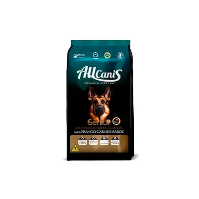 Ração Allcanis para Cães Sênior de Raças Médias e Grandes Sabor Frango, Carne e Arroz