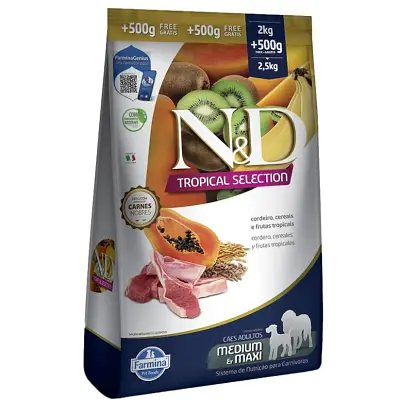Ração ND Tropical Selection Para Cães Adultos Medium e Maxi Cordeiro Leve 2,5kg e Pague 2kg