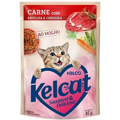 Ração Úmida Kelcat Sachê Carne, Ervilha e Cenoura 85g