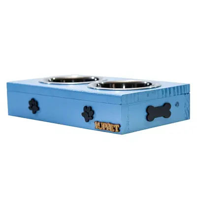 Comedouro Duplo Para Cães e Gatos Patinhas Madeira Com Potes Inox Luppet Azul