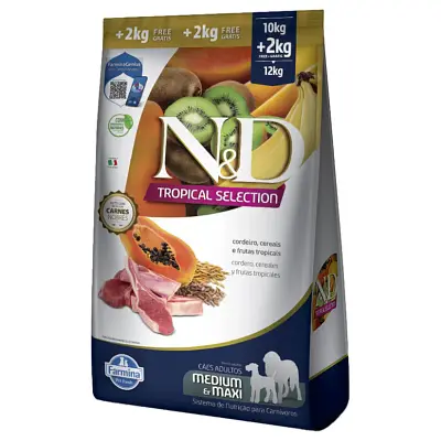 Ração ND Tropical Selection Para Cães Adultos Medium e Maxi Cordeiro Leve 12kg e Pague 10kg