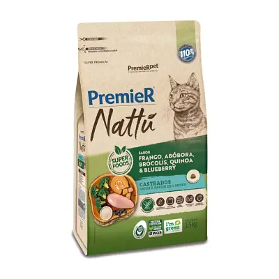 Ração Premier Nattu Gatos Castrados Frango, Abóbora, Brócolis, Quinoa e Blueberry 1,5kg