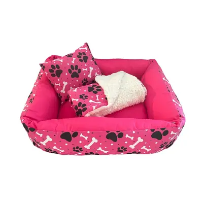 Kit Cama Manta Travesseiro CamaPet para Cães e Gatos Ossinho Pink P