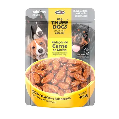 Ração Úmida Three Dogs Original Adultos Raças Médias e grande Sachê 100g