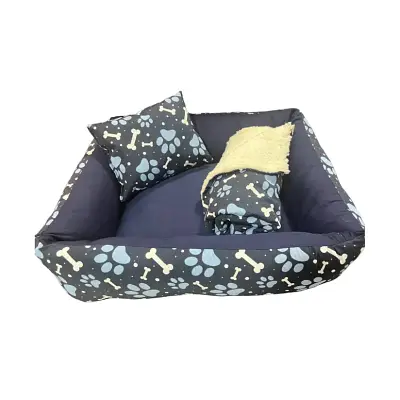 Kit Cama Manta Travesseiro CamaPet para Cães e Gatos Ossinho Azul P