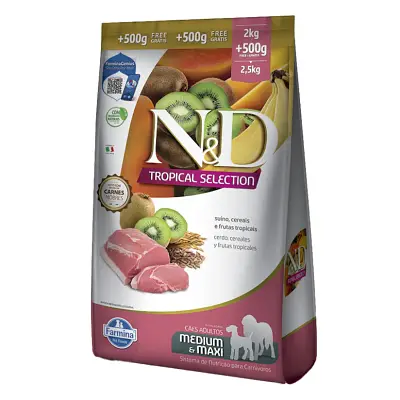 Ração ND Tropical Selection Para Cães adultos Medium e Maxi Suino Leve 2,5kg e Pague 2kg