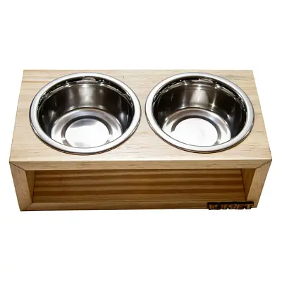 Comedouro Duplo Para Cães e Gatos Madeira Com Potes Inox Luppet Natural