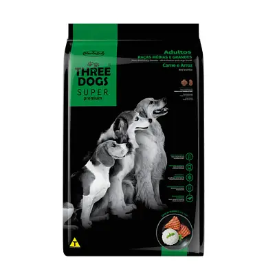Ração Cães Three Dogs Super Adultos Raças Médias e Grandes Carne e Arroz 15kg