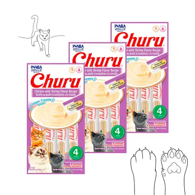 Purê Churu Petisco Cremoso para Gatos Galinha com Camarão 56g Kit 3 Unidades