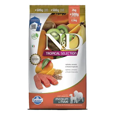 Ração ND Tropical Selection Para Cães Adultos Medium e Maxi Salmão Leve 2,5 e Pague 2kg