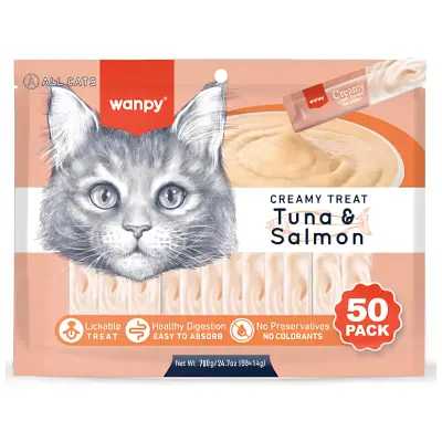 Petisco para gatos Wanpy Creamy sabor Atum e Salmão com 50 tubos de 14g
