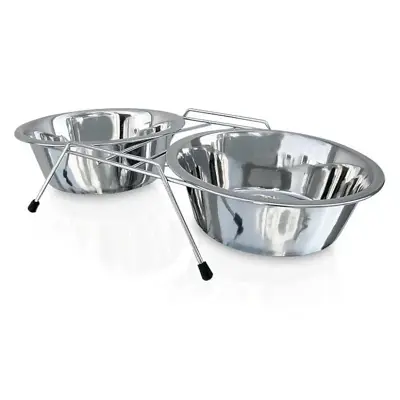 Comedouro e Bebedouro Duplo Em Inox Suporte Suspenso para Pets 240ml
