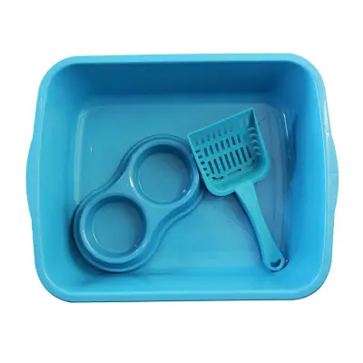 Kit Higiênico Gatos Elite Azul Bandeja + Pá + Comedouro