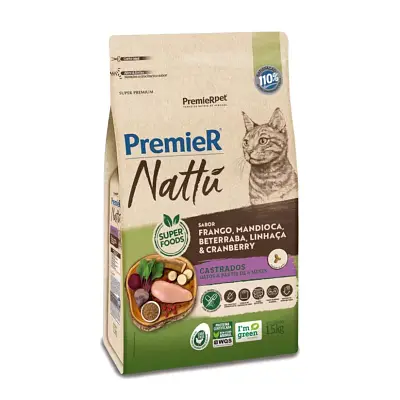 Ração Premier Nattu Gatos Castrados Frango e Mandioca e Beterraba e Linhaça e Cranberry 1,5kg