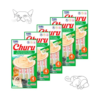 Purê Churu Petisco Cremoso para Gatos Atum e Galinha 56g Kit 5 Unidades