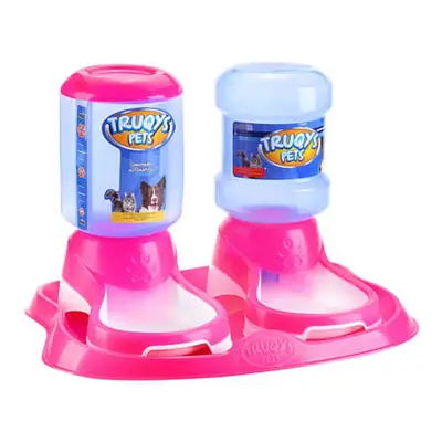 Kit Bandeja Truqys Pets Comedouro e Bebedouro Automático Cães Design Rosa 2L