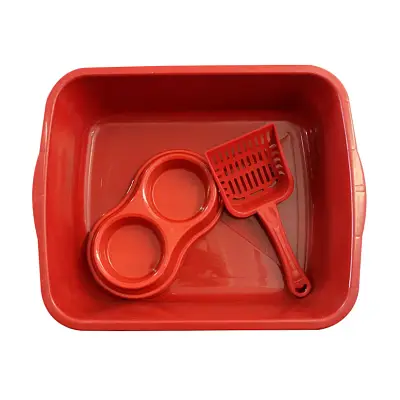 Kit Higiênico Gatos Elite Vermelho Bandeja + Pá + Comedouro