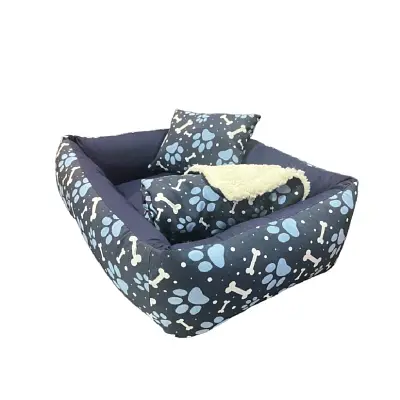 Kit Cama Manta Travesseiro CamaPet para Cães e Gatos Ossinho Azul G