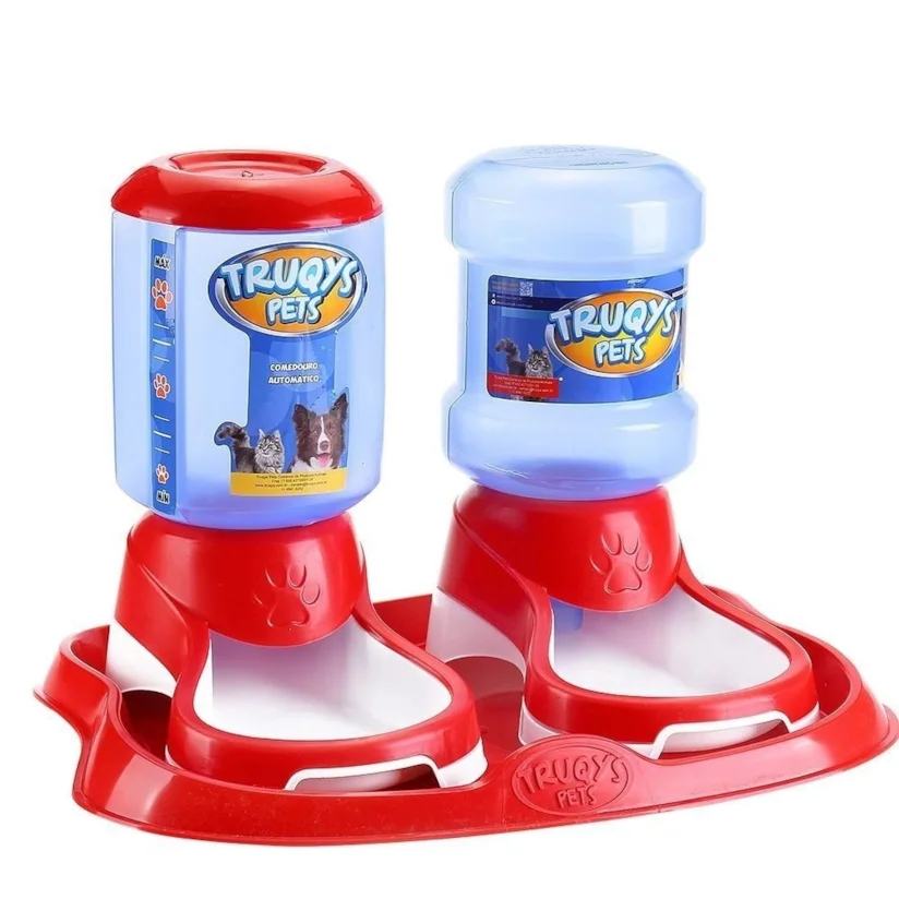 Kit Bandeja Truqys Pets Comedouro e Bebedouro Automático Cães Design Vermelho 2L