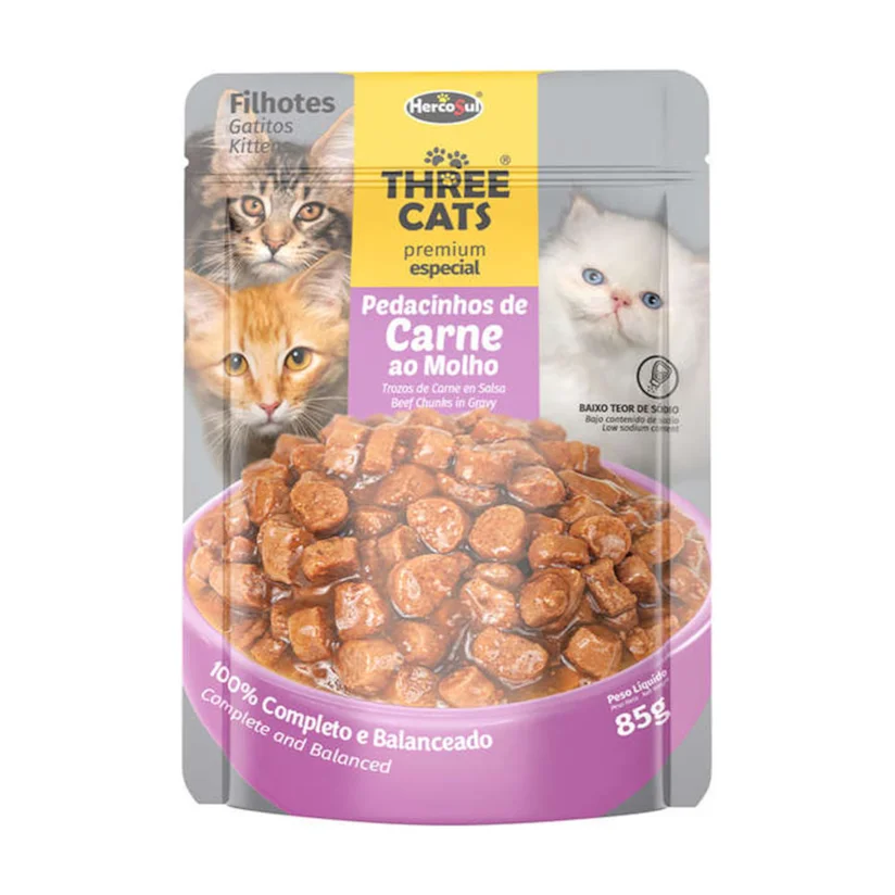 Ração Úmida Three Cats Original Filhotes Carne Sachê 85g