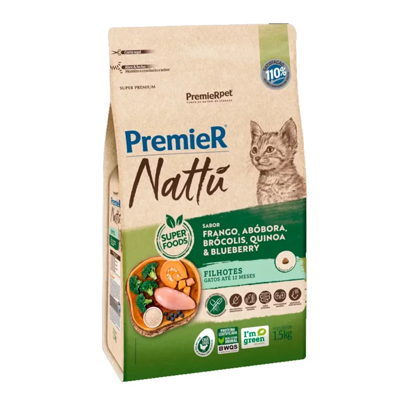 Ração Premier Nattu Gatos Filhotes Frango, Abóbora, Brócolis, Quinoa e Blueberry 1,5kg