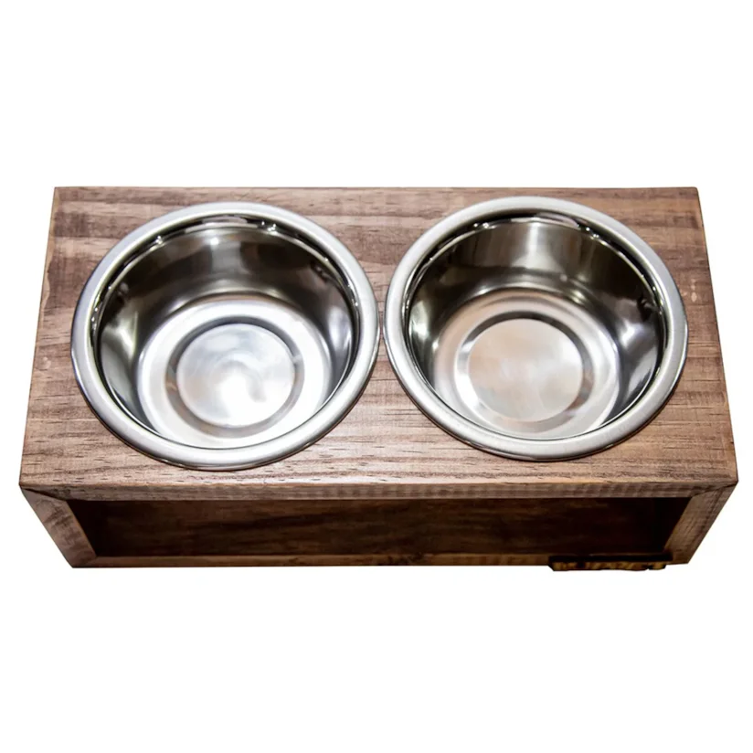 Comedouro Duplo Para Cães e Gatos Madeira Com Potes Inox Luppet Marrom
