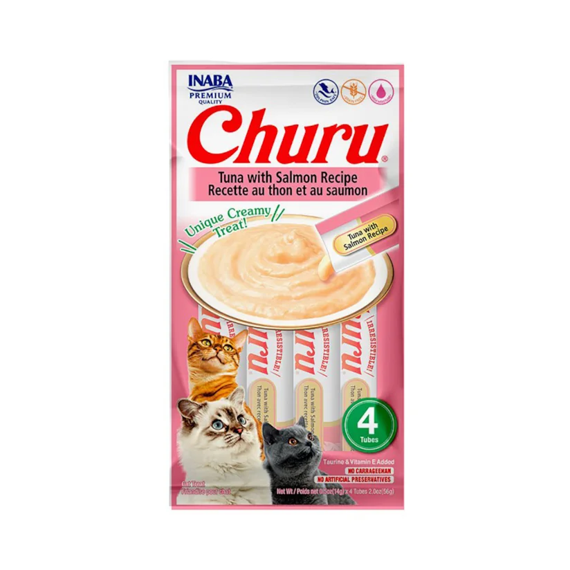 Purê Churu Petisco Cremoso para Gatos Atum com Salmão 56g Kit 5 Unidades