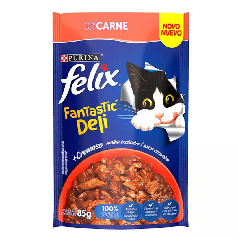 Ração Úmida Nestle Purina Gatos Felix Fantastic Deli Carne Sachê 85g