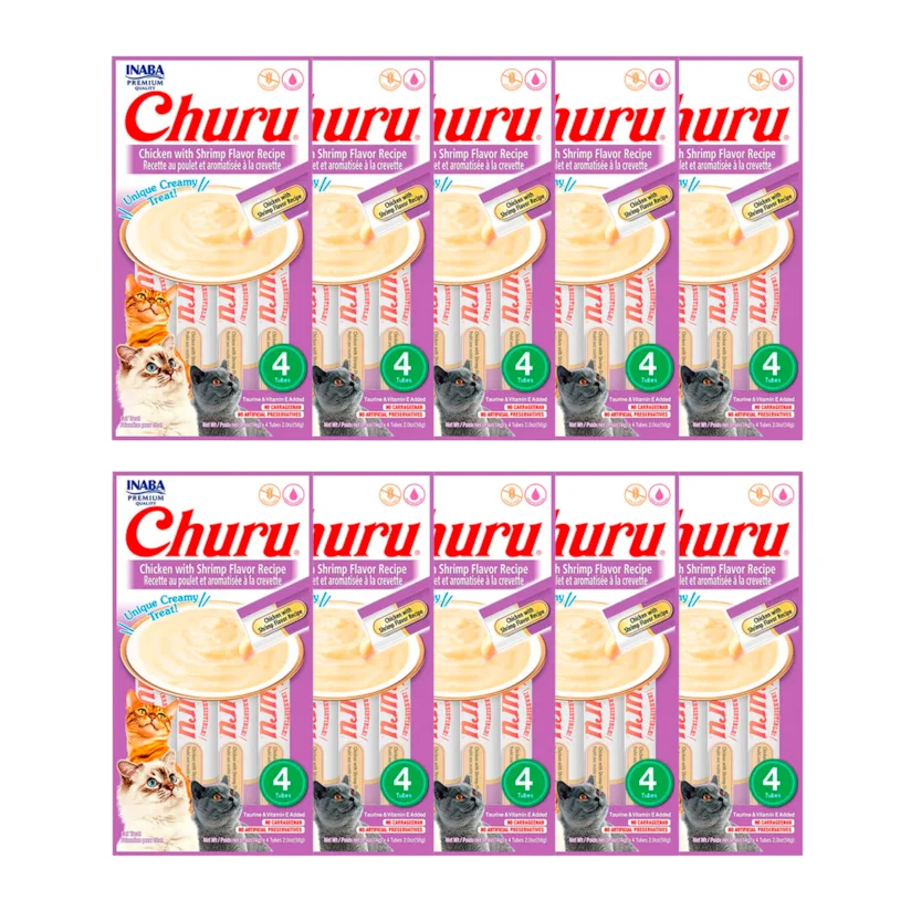 Purê Churu Petisco Cremoso para Gatos Galinha com Camarão 56g Kit 10 Unidades
