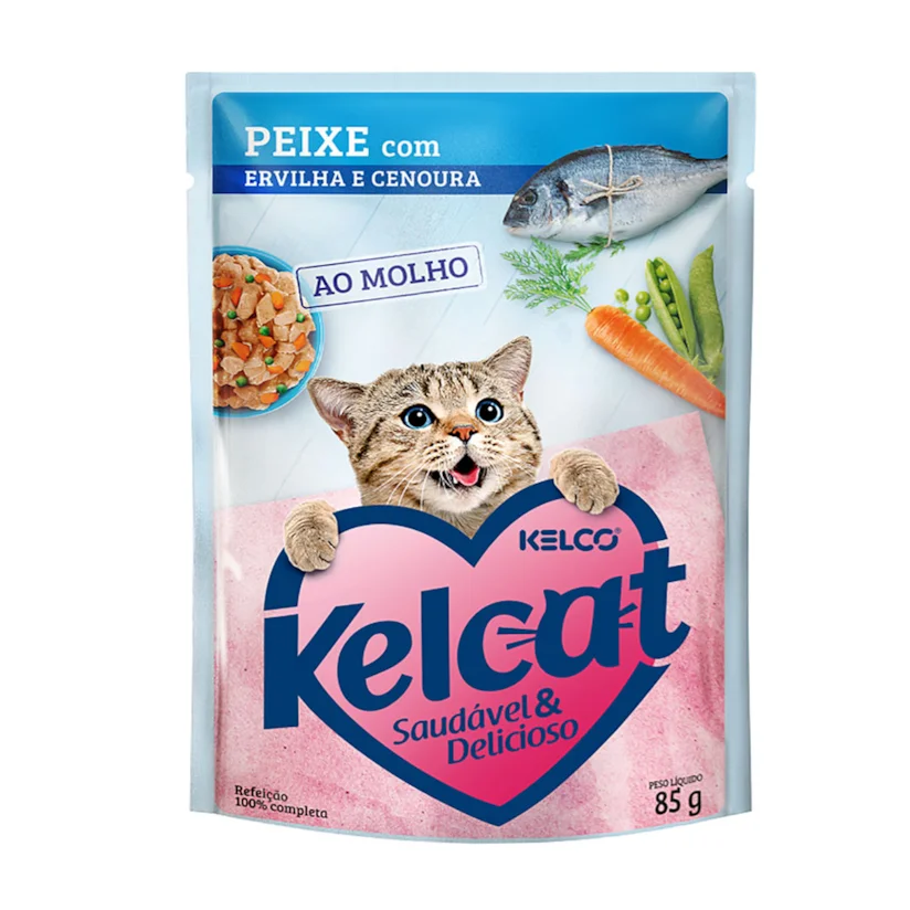 Ração Úmida Kelcat Sachê Peixe, Ervilha e Cenoura 85g