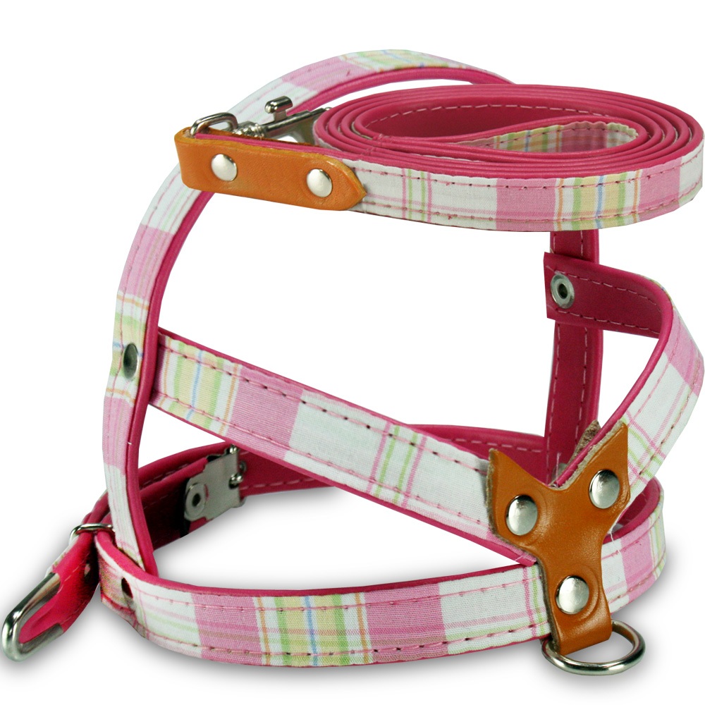 Peitoral com Guia AMF Cães Xadrez Rosa