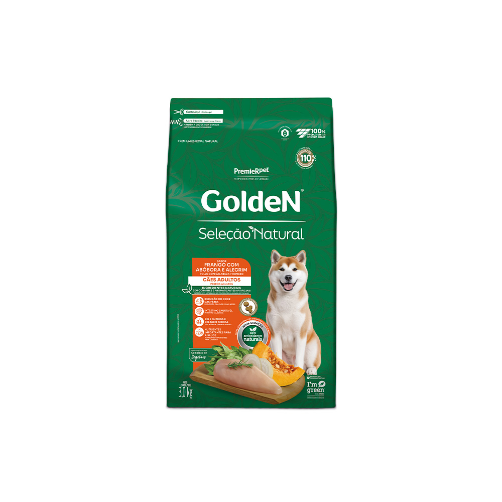 Ração Golden Seleção Natural para Cães Adultos Sabor Frango com Abóbora e Alecrim
