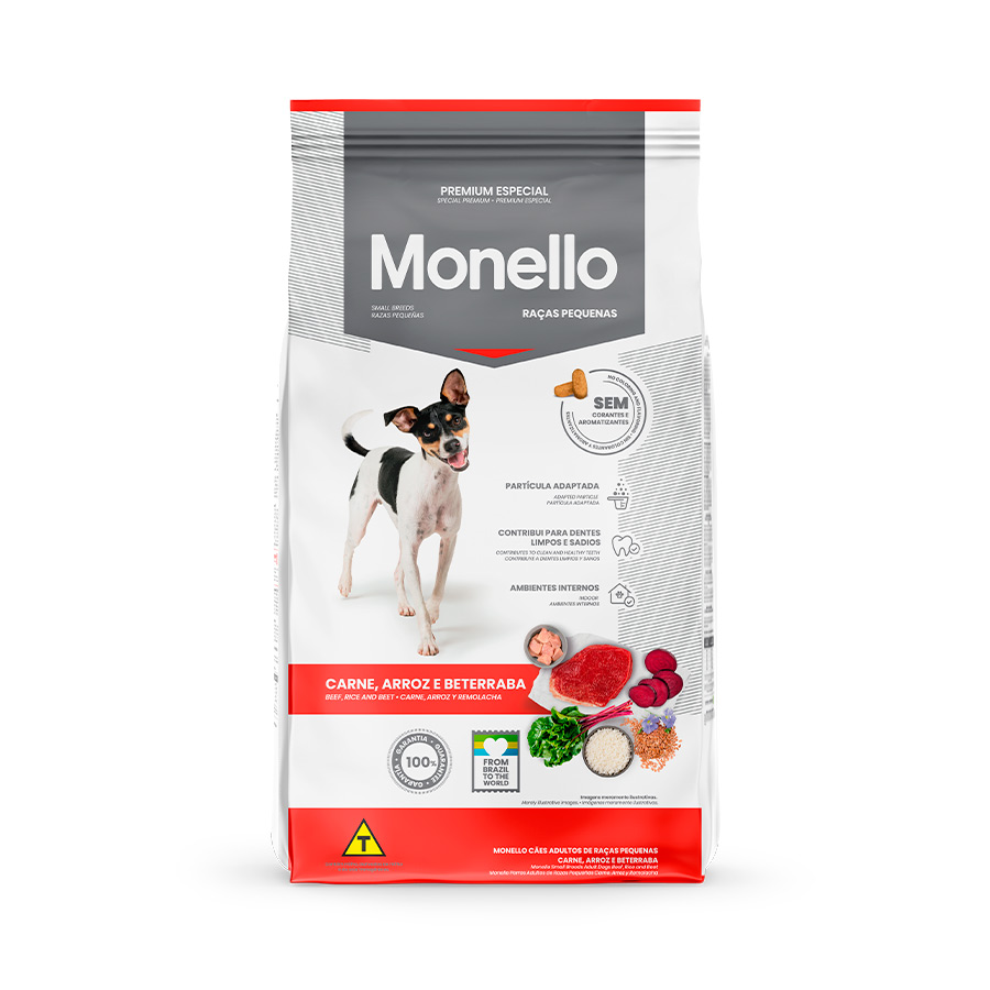 Ração Monello para Cães Adultos de Porte Pequeno Sabor Carne, Arroz e Beterraba