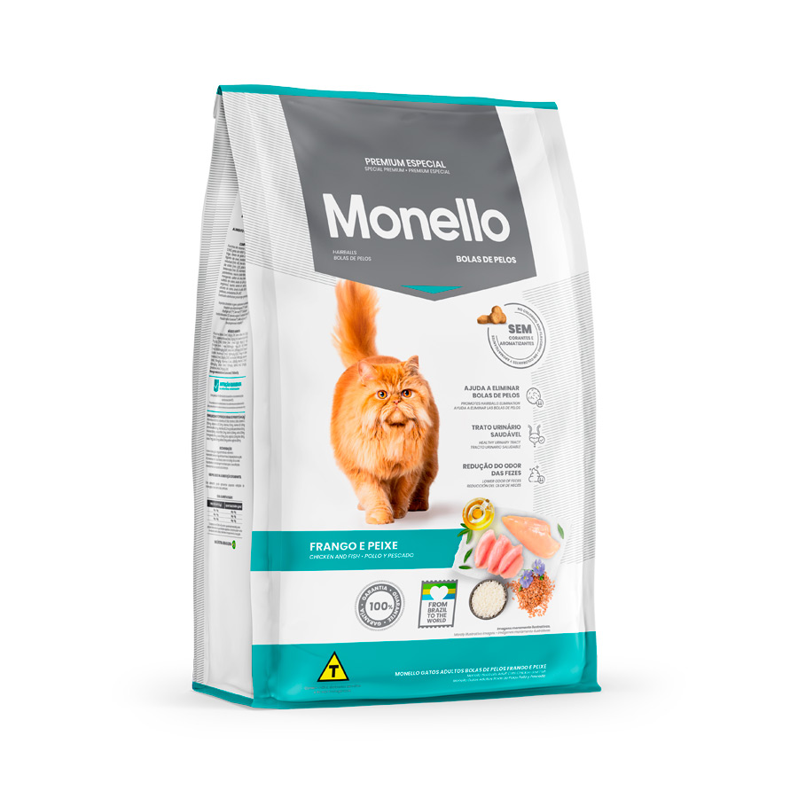 Ração Monello Bolas de Pelos para Gatos Adultos Sabor Frango e Peixe