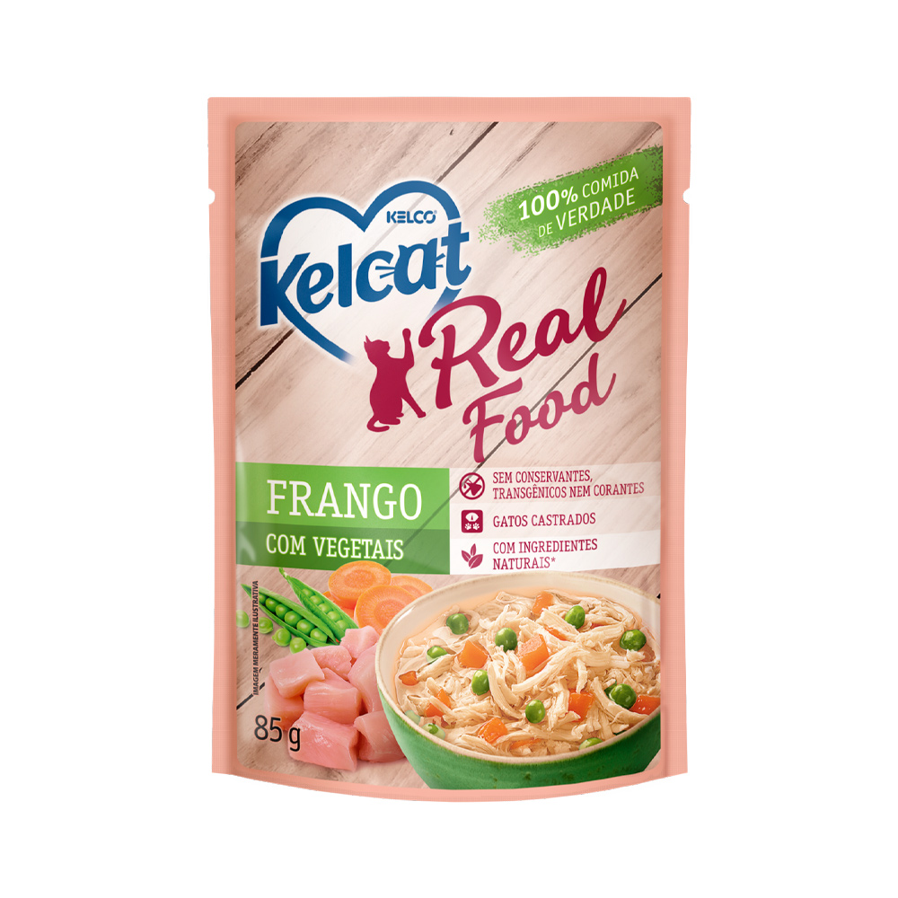 Ração Úmida Kelcat Real Food para Gatos Castrados Sabor Frango com Vegetais 85g