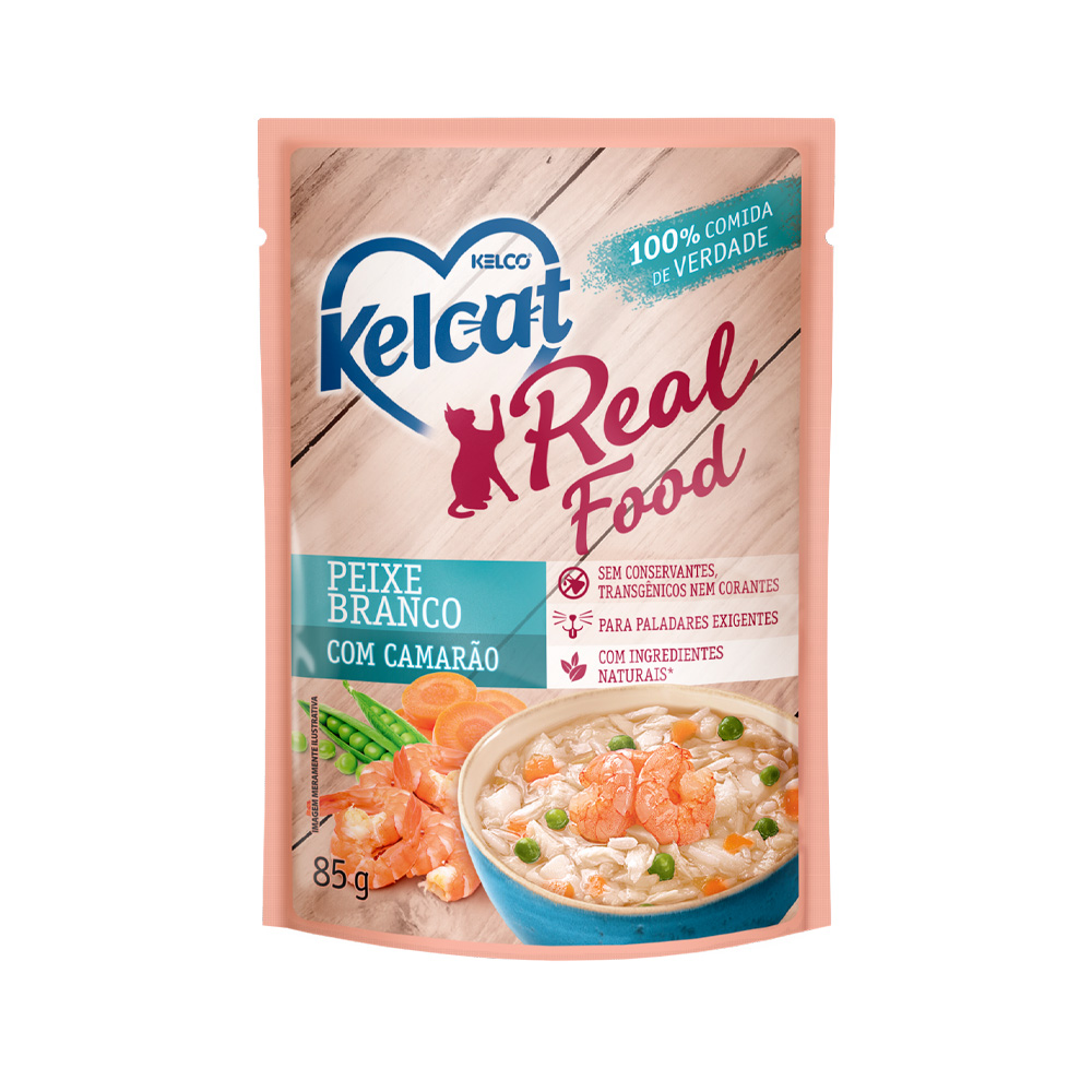 Ração Úmida Kelcat Real Food para Gatos com Paladares Exigentes Sabor Peixe Branco com Camarão 85g