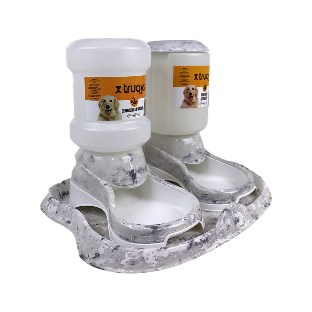 Kit Comedouro e Bebedouro Automático Truqys Pet Plástico Mármore Carrara Cinza para Cães e Gatos