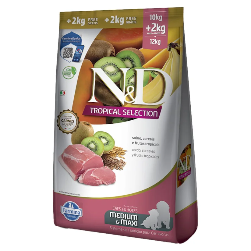 Ração ND Tropical Selection Para Cães Puppy Medium e Maxi Suino Leve 12kg e Pague 10kg